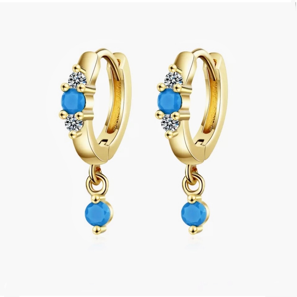 🆕 Gorgeous Dainty 18k Turquoise Diamond Hoop Drop Earrings NWT
